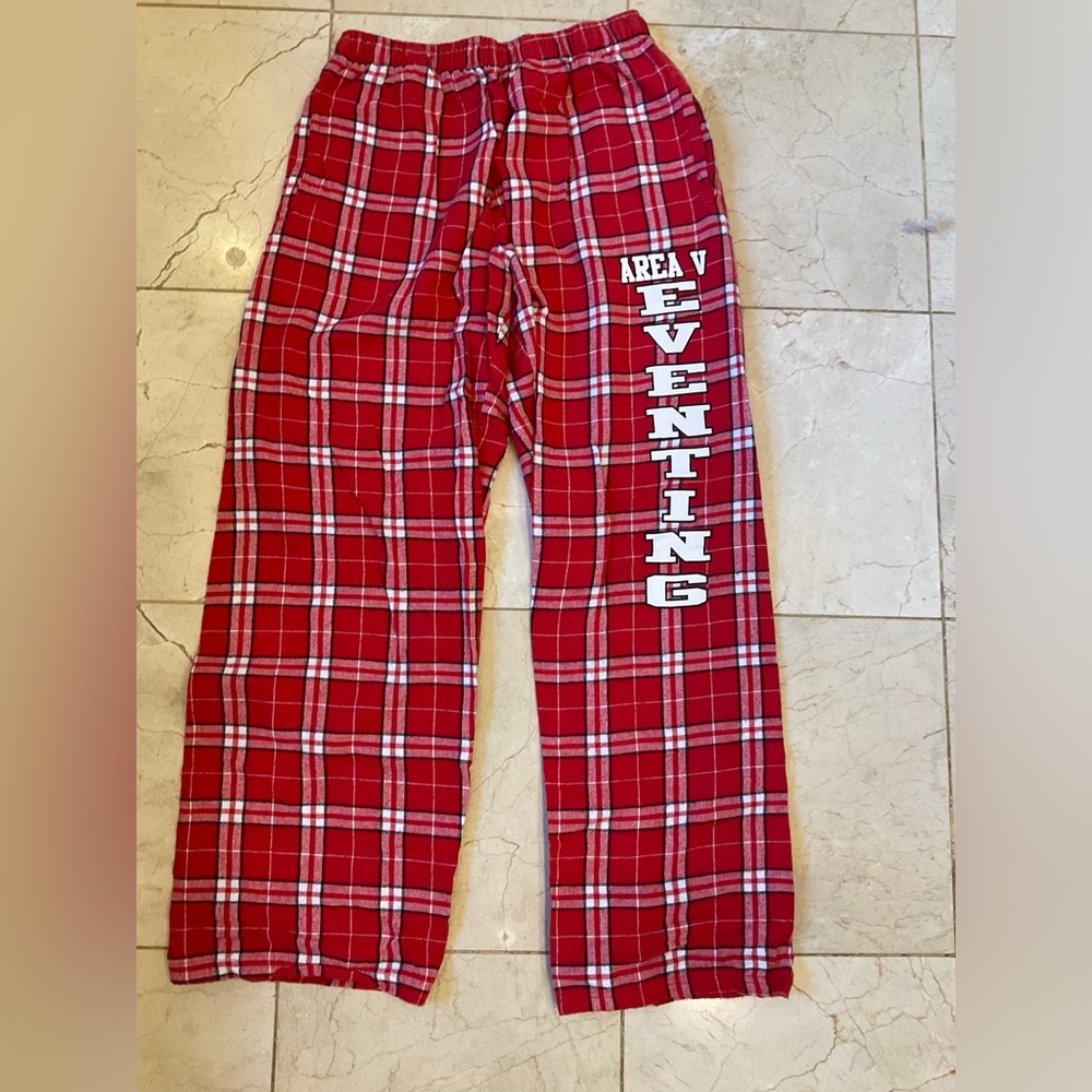 Lounge Pants / PJ Pants, Women’s Size S, Red Flannel Plaid, “Area V Eventing”